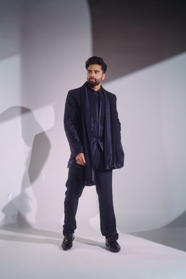 Midnight Royale Embroidered Indo-Western With Stole