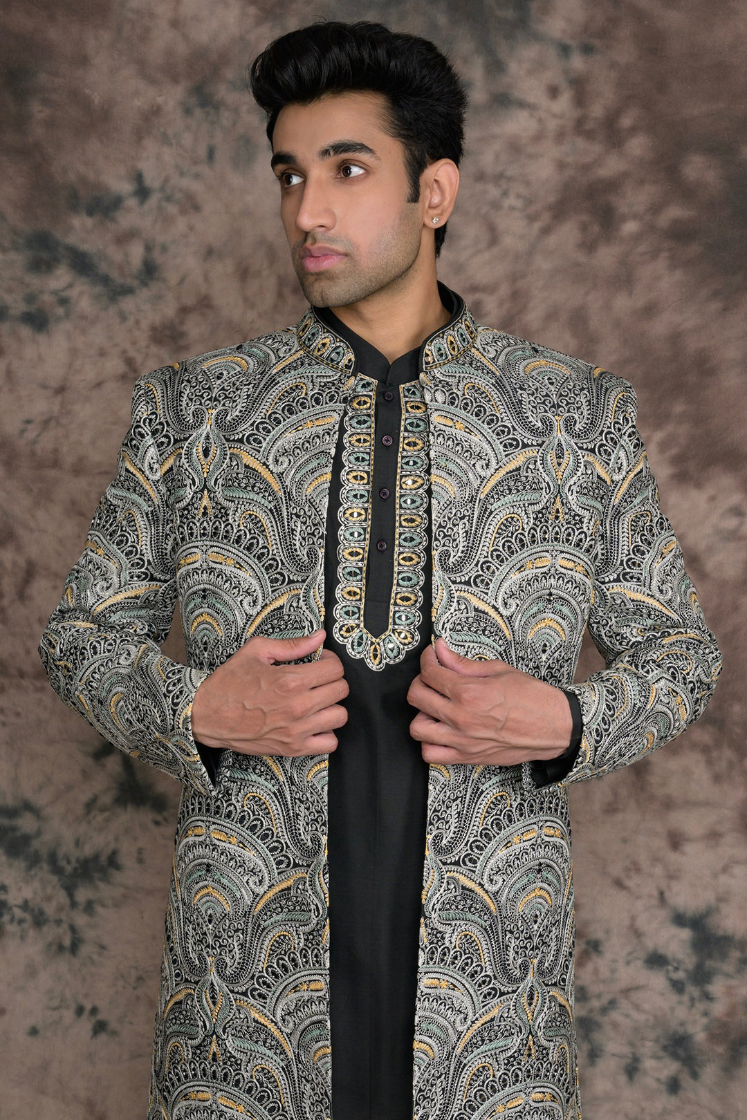 Paisley Long Open Jacket & Kurta Set